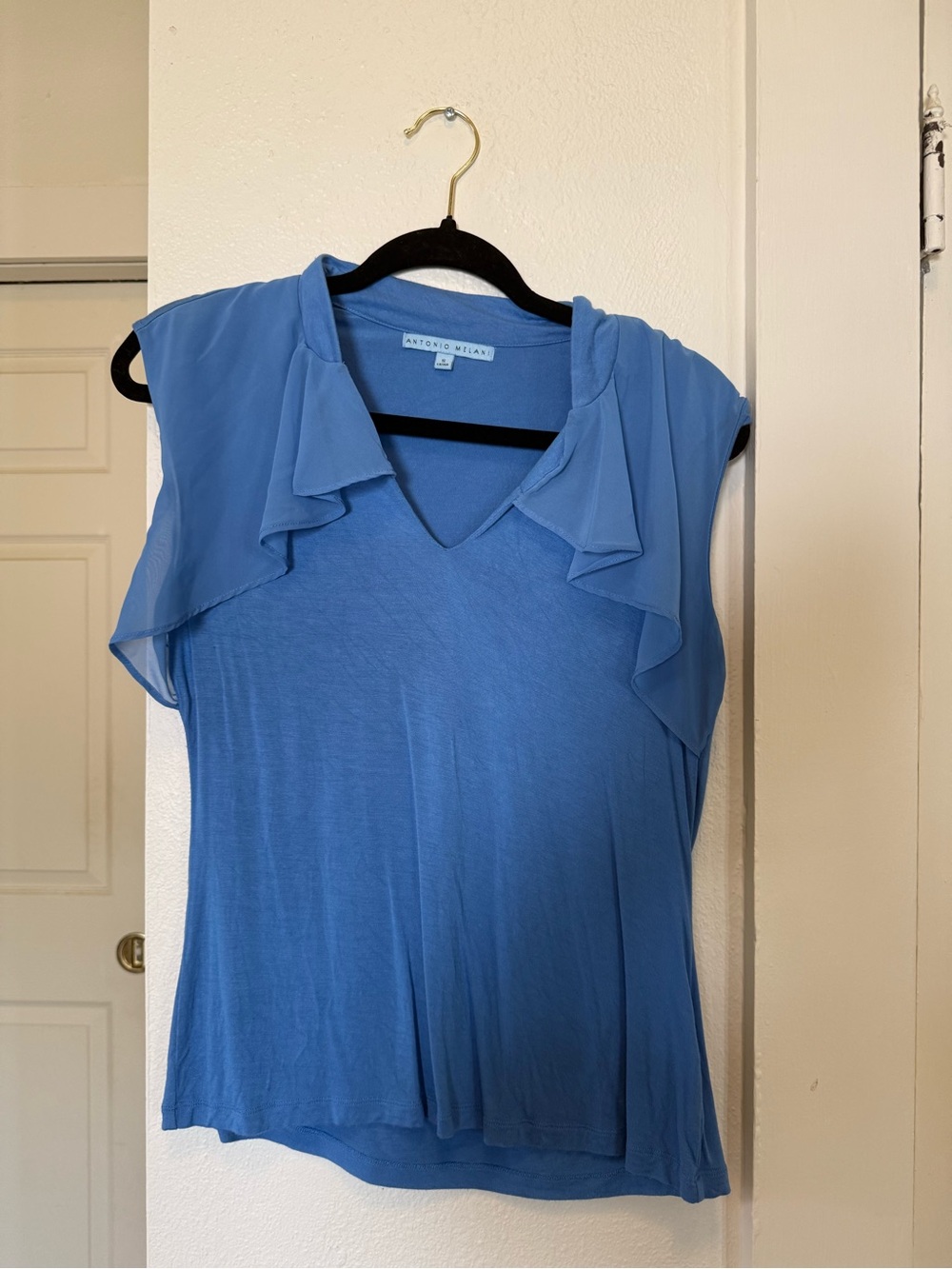 ANTONIO MELANI Sky Blue Flutter Sleeve V-Neck Blouse